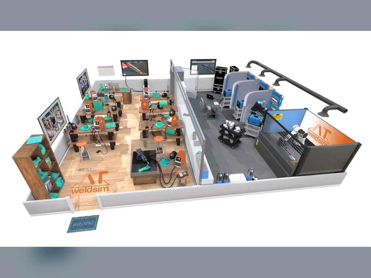 Visualización conceptual de un laboratorio con estaciones ATweldsim y un taller de soldadura