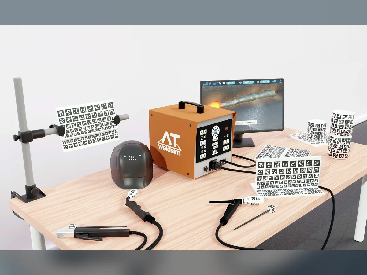 Equipo ATweldsim con consola, casco, monitor, antorchas y cupones de seguimiento